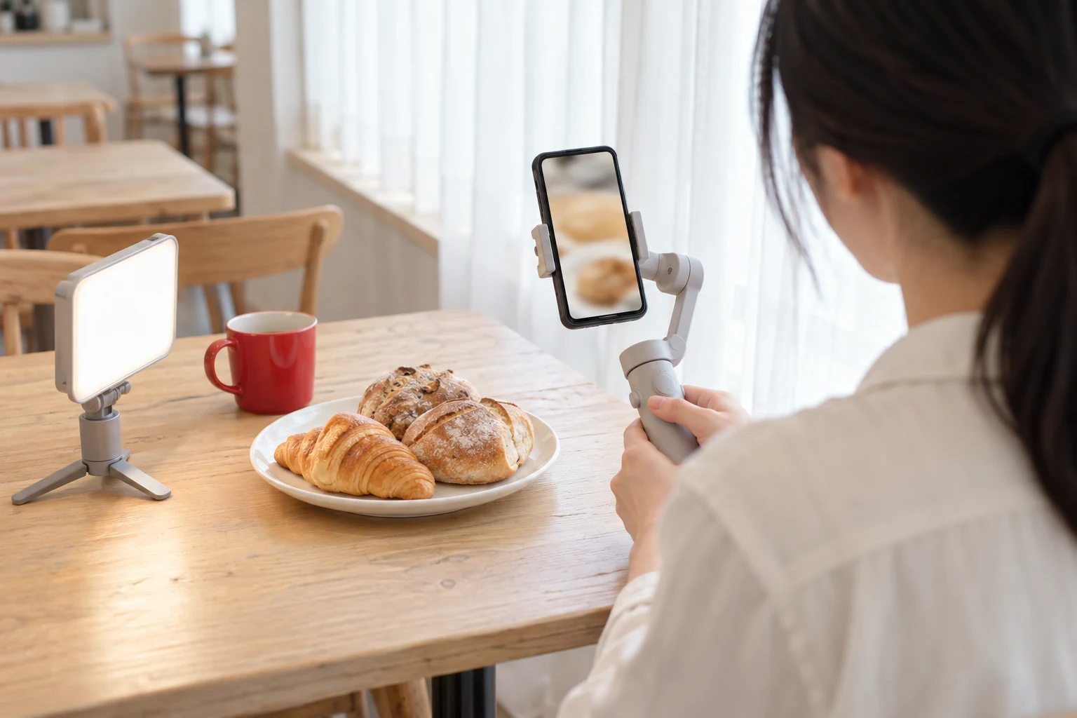 カフェでパンを撮影している様子